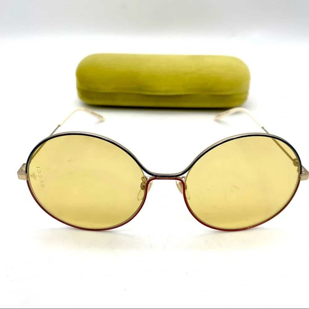 Gucci Round Blue and Red Metal Sunglasses with Yellow Lenses
